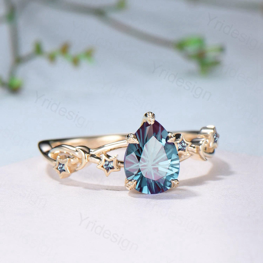 Vintage Pear Shaped Fireworks Cut Alexandrite Ring Moon Star Yellow Gold Engagement Ring Color Change Leaves Vine Anniversary Prong Ring - PENFINE