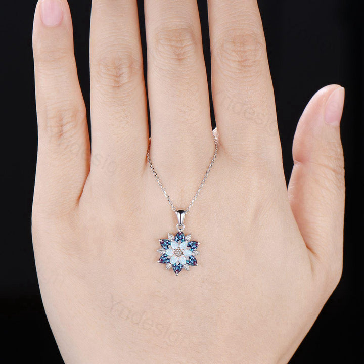 Unique Sunflower Alexandrite Necklace Elegant Natural Inspired Opal Necklace Double Halo Floral Pendant Leaf Vine Anniversary Promise Gift - PENFINE