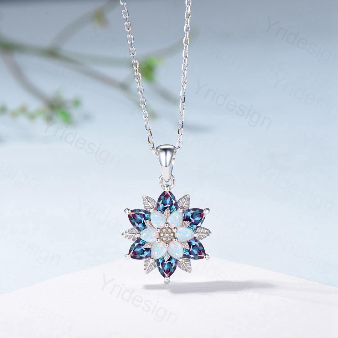 Unique Sunflower Alexandrite Necklace Elegant Natural Inspired Opal Necklace Double Halo Floral Pendant Leaf Vine Anniversary Promise Gift - PENFINE