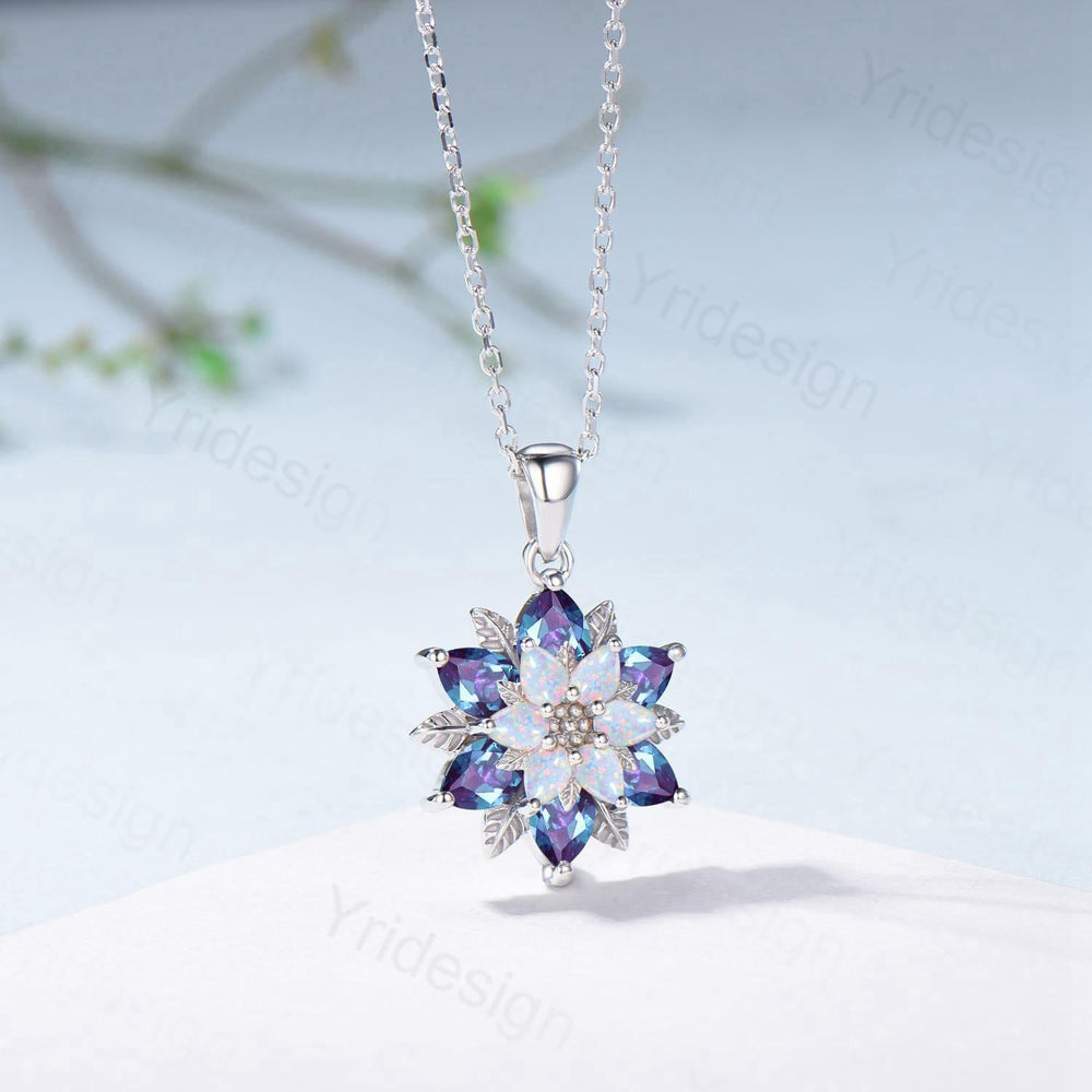 Unique Sunflower Alexandrite Necklace Elegant Natural Inspired Opal Necklace Double Halo Floral Pendant Leaf Vine Anniversary Promise Gift - PENFINE