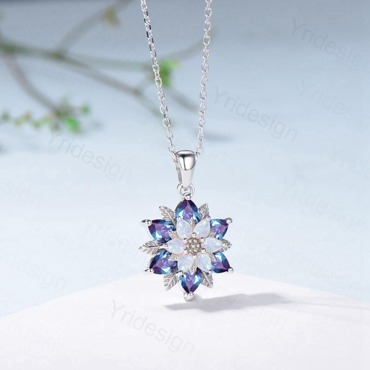 Unique Sunflower Alexandrite Necklace Elegant Natural Inspired Opal Necklace Double Halo Floral Pendant Leaf Vine Anniversary Promise Gift - PENFINE