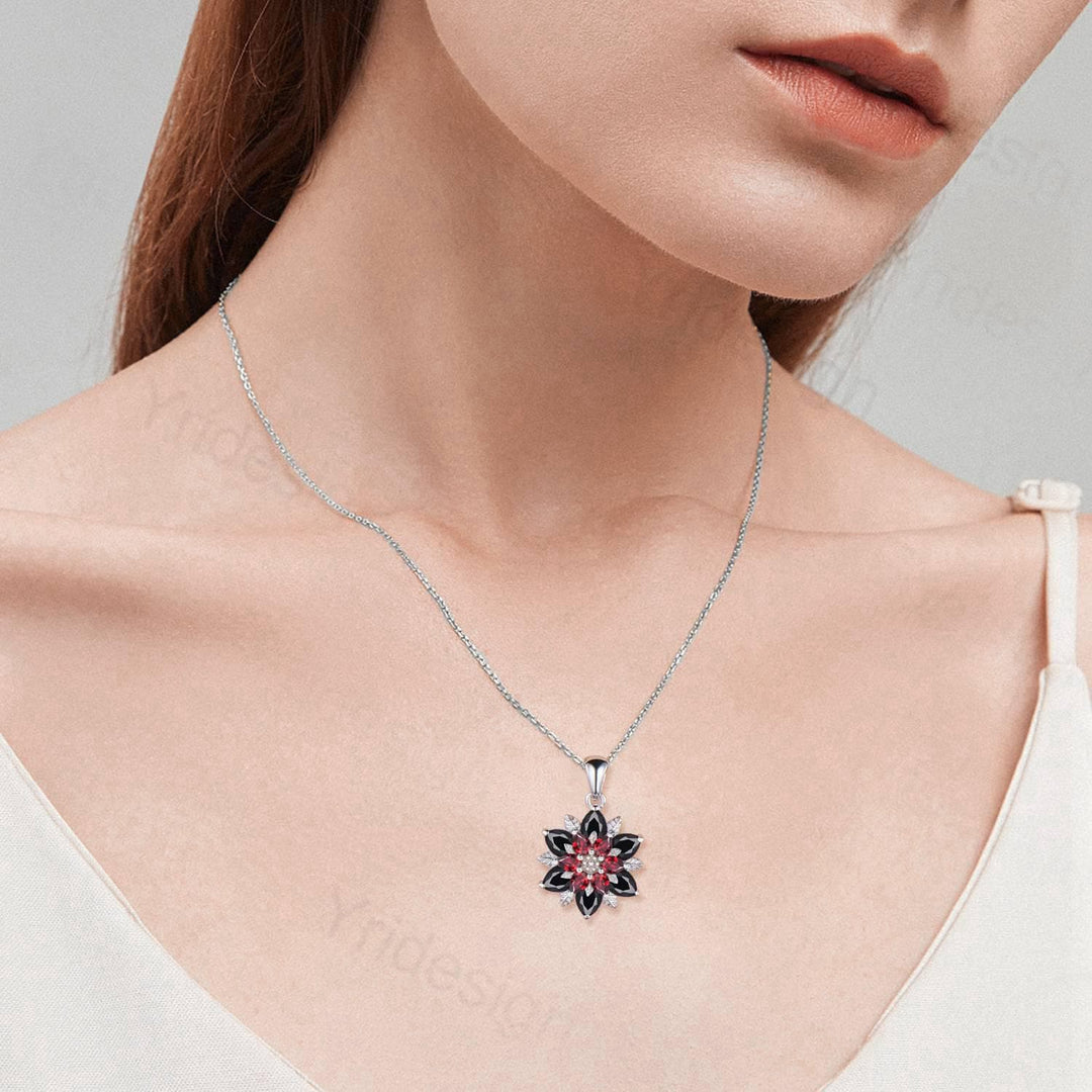 Unique Sunflower Garnet Necklace Elegant Gothic Black Spinel Necklace Women Double Halo Floral Pendant Leaf Vine Anniversary Promise Gift - PENFINE