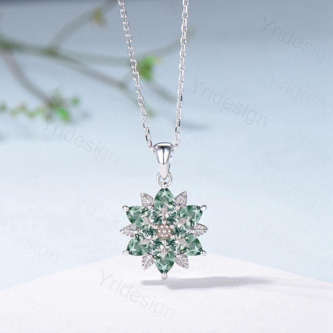 Unique Moss Agate Citrine Necklace Elegant Silver White Gold Green Agate Necklace Double Halo Flower Pendant Leaf Vine Anniversary Gift - PENFINE