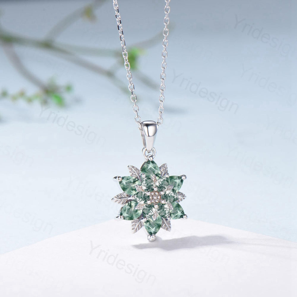 Unique Moss Agate Citrine Necklace Elegant Silver White Gold Green Agate Necklace Double Halo Flower Pendant Leaf Vine Anniversary Gift - PENFINE