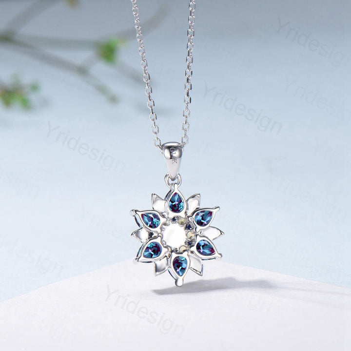 Unique Sunflower Alexandrite Necklace Art Deco Sapphire Pendant Necklace Double Halo Floral Pendant Leaf Vine Anniversary Promise Gift - PENFINE