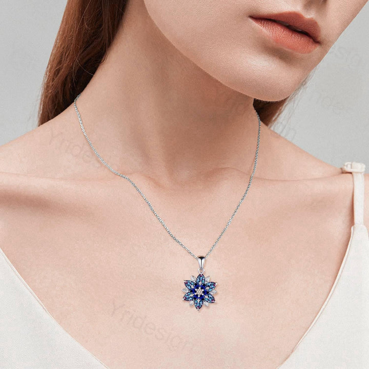 Unique Sunflower Alexandrite Necklace Art Deco Sapphire Pendant Necklace Double Halo Floral Pendant Leaf Vine Anniversary Promise Gift - PENFINE