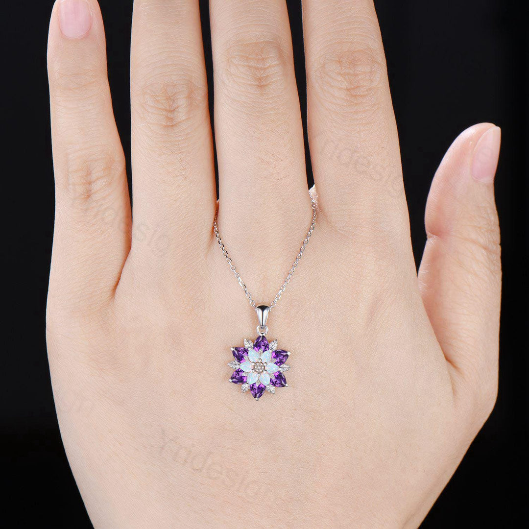 Unique Sunflower White Opal Amethyst Necklace Elegant Natural Inspired Double Halo Floral Pendant Leaf Vine Anniversary Promise Gift - PENFINE