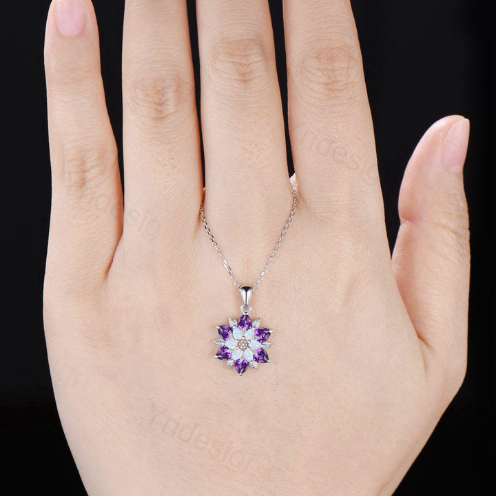 Unique Sunflower White Opal Amethyst Necklace Elegant Natural Inspired Double Halo Floral Pendant Leaf Vine Anniversary Promise Gift - PENFINE