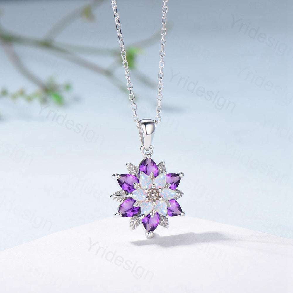 Unique Sunflower White Opal Amethyst Necklace Elegant Natural Inspired Double Halo Floral Pendant Leaf Vine Anniversary Promise Gift - PENFINE