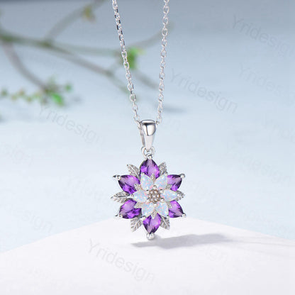 Unique Sunflower White Opal Amethyst Necklace Elegant Natural Inspired Double Halo Floral Pendant Leaf Vine Anniversary Promise Gift - PENFINE