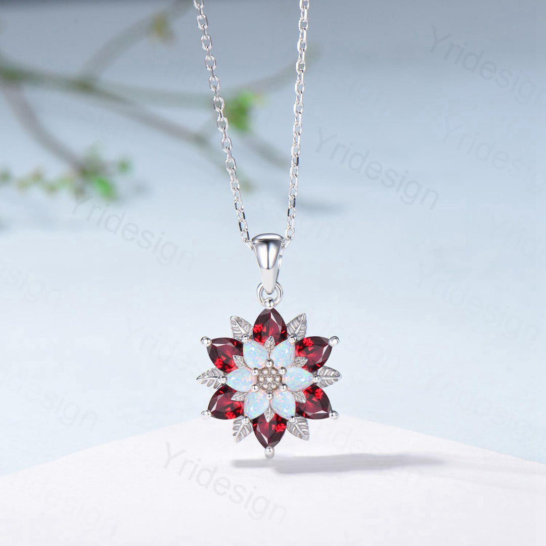 Unique Sunflower Opal Ruby Necklace Elegant Natural Inspired Necklace Double Halo Ruby Opal Floral Pendant Jewelry Anniversary Promise Gift - PENFINE