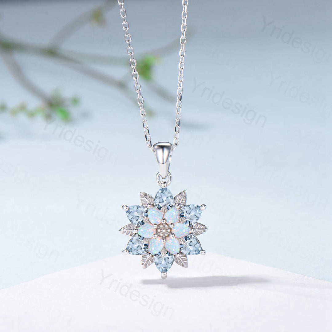 Unique Sunflower Natural Aquamarine Necklace Elegant Vintage Opal Necklace Double Halo Floral Pendant Leaf Vine Anniversary Promise Gift - PENFINE