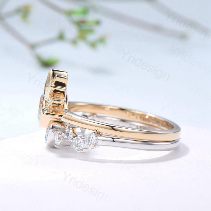 Unique 0.5 Carat Moissanite Ring Crescent Moon Moissanite Engagement Ring Set Sun And Moon Wedding Ring Art Deco Star Bridal Ring Set Women - PENFINE