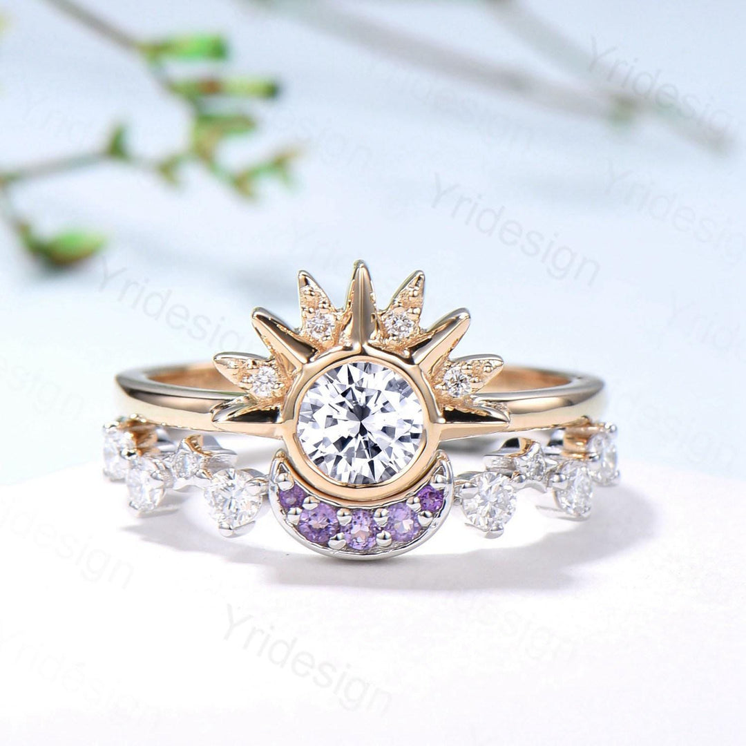 Unique 0.5 Carat Moissanite Ring Crescent Moon Moissanite Engagement Ring Set Sun And Moon Wedding Ring Art Deco Star Bridal Ring Set Women - PENFINE