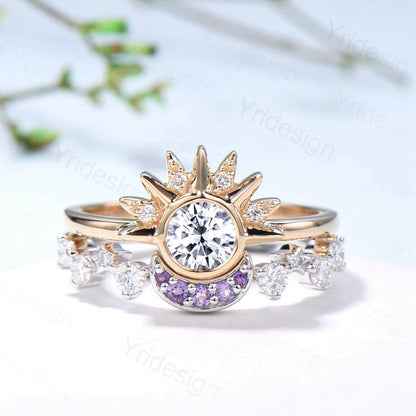 Unique 0.5 Carat Moissanite Ring Crescent Moon Moissanite Engagement Ring Set Sun And Moon Wedding Ring Art Deco Star Bridal Ring Set Women - PENFINE