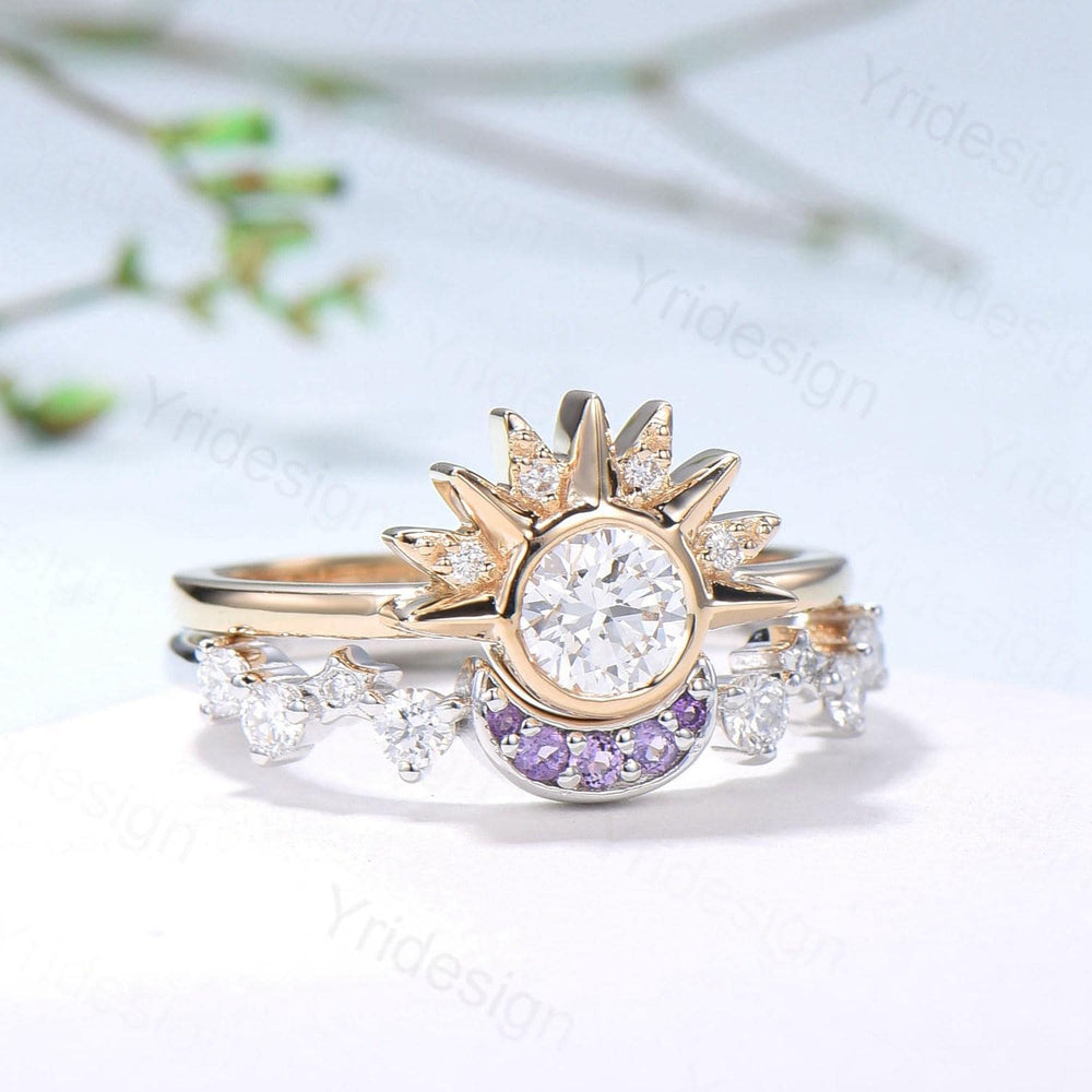 Unique 0.5 Carat Moissanite Ring Crescent Moon Moissanite Engagement Ring Set Sun And Moon Wedding Ring Art Deco Star Bridal Ring Set Women - PENFINE