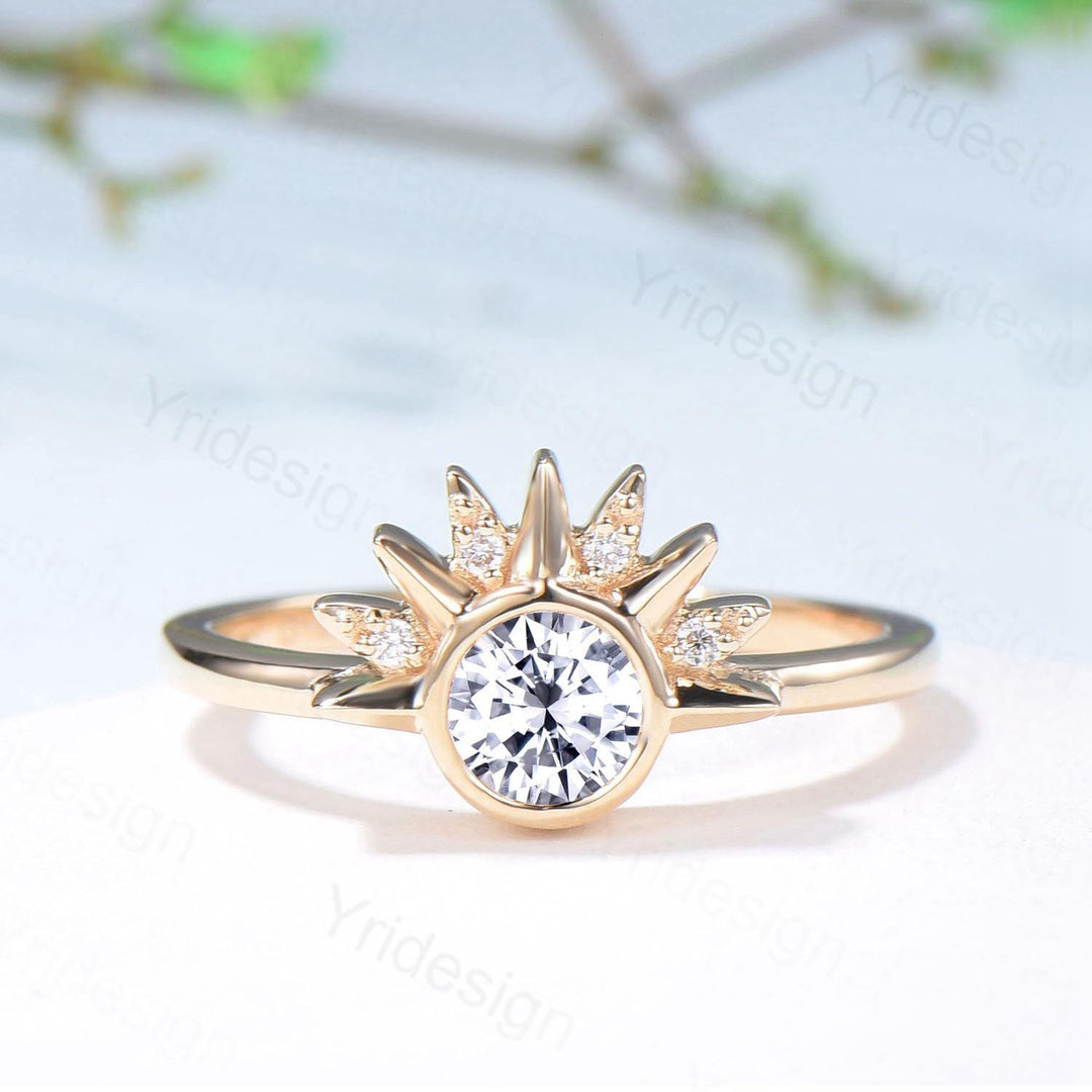 Unique 0.5 Carat Moissanite Ring Crescent Moon Moissanite Engagement Ring Set Sun And Moon Wedding Ring Art Deco Star Bridal Ring Set Women - PENFINE