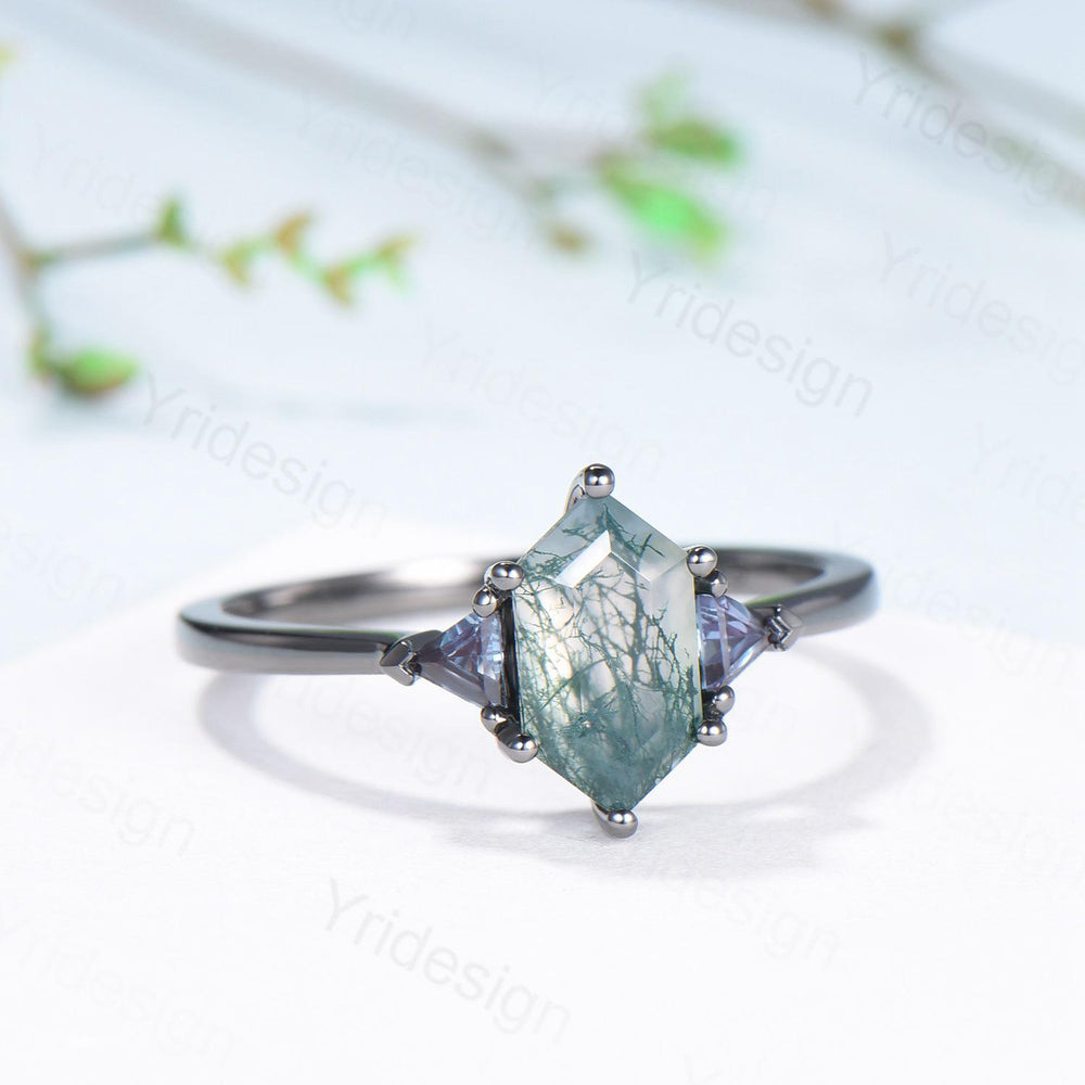 Gothic Black Gold Moss Agate Engagement Ring Long Hexagon Green Agate 3 Stone Trillion Alexandrite Wedding Ring Handmade Anniversary Gift - PENFINE