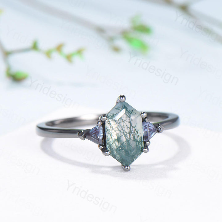 Gothic Black Gold Moss Agate Engagement Ring Long Hexagon Green Agate 3 Stone Trillion Alexandrite Wedding Ring Handmade Anniversary Gift - PENFINE