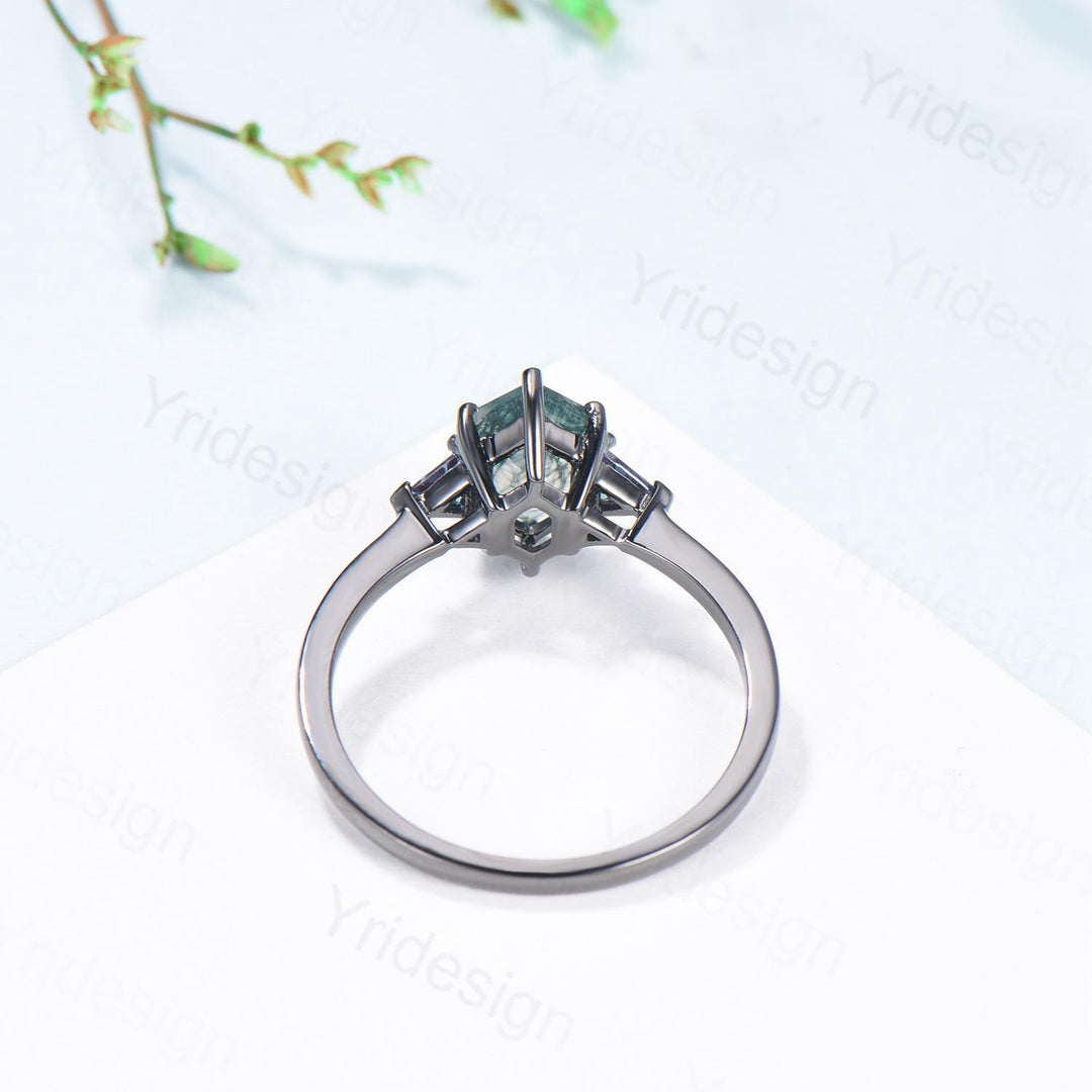 Gothic Black Gold Moss Agate Engagement Ring Long Hexagon Green Agate 3 Stone Trillion Alexandrite Wedding Ring Handmade Anniversary Gift - PENFINE
