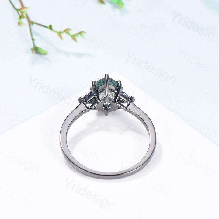 Gothic Black Gold Moss Agate Engagement Ring Long Hexagon Green Agate 3 Stone Trillion Alexandrite Wedding Ring Handmade Anniversary Gift - PENFINE