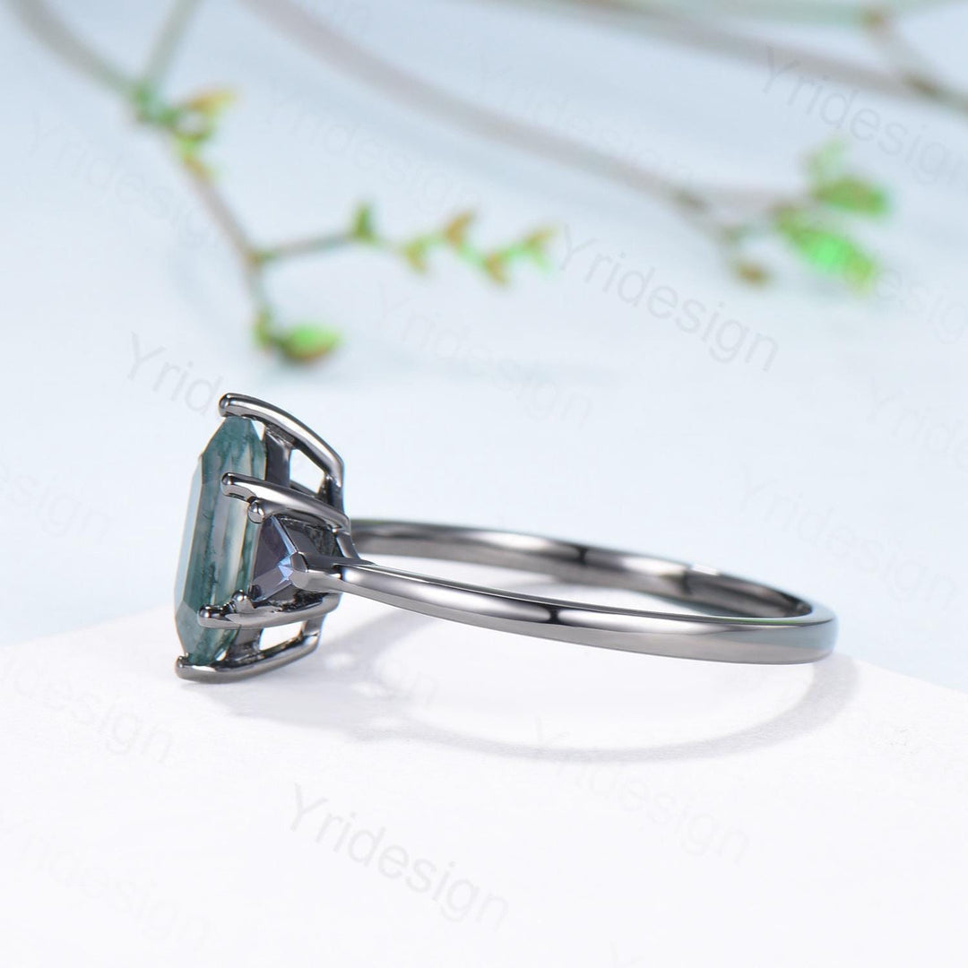 Gothic Black Gold Moss Agate Engagement Ring Long Hexagon Green Agate 3 Stone Trillion Alexandrite Wedding Ring Handmade Anniversary Gift - PENFINE