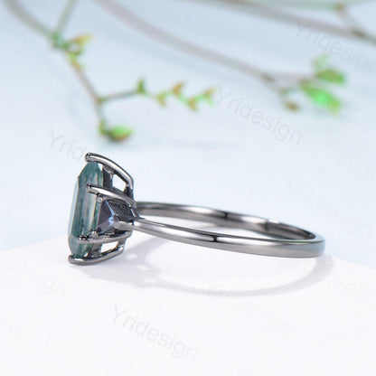 Gothic Black Gold Moss Agate Engagement Ring Long Hexagon Green Agate 3 Stone Trillion Alexandrite Wedding Ring Handmade Anniversary Gift - PENFINE