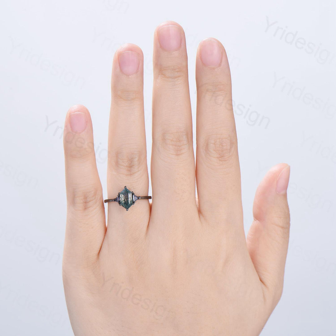 Gothic Black Gold Moss Agate Engagement Ring Long Hexagon Green Agate 3 Stone Trillion Alexandrite Wedding Ring Handmade Anniversary Gift - PENFINE