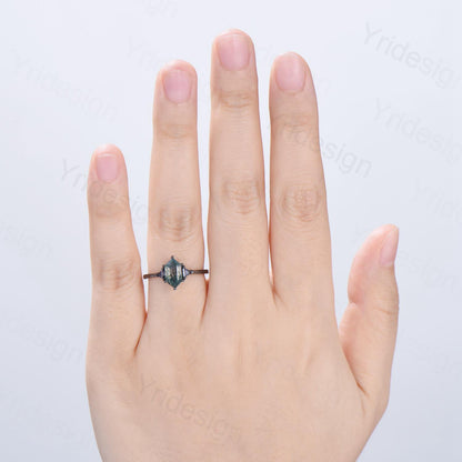 Gothic Black Gold Moss Agate Engagement Ring Long Hexagon Green Agate 3 Stone Trillion Alexandrite Wedding Ring Handmade Anniversary Gift - PENFINE