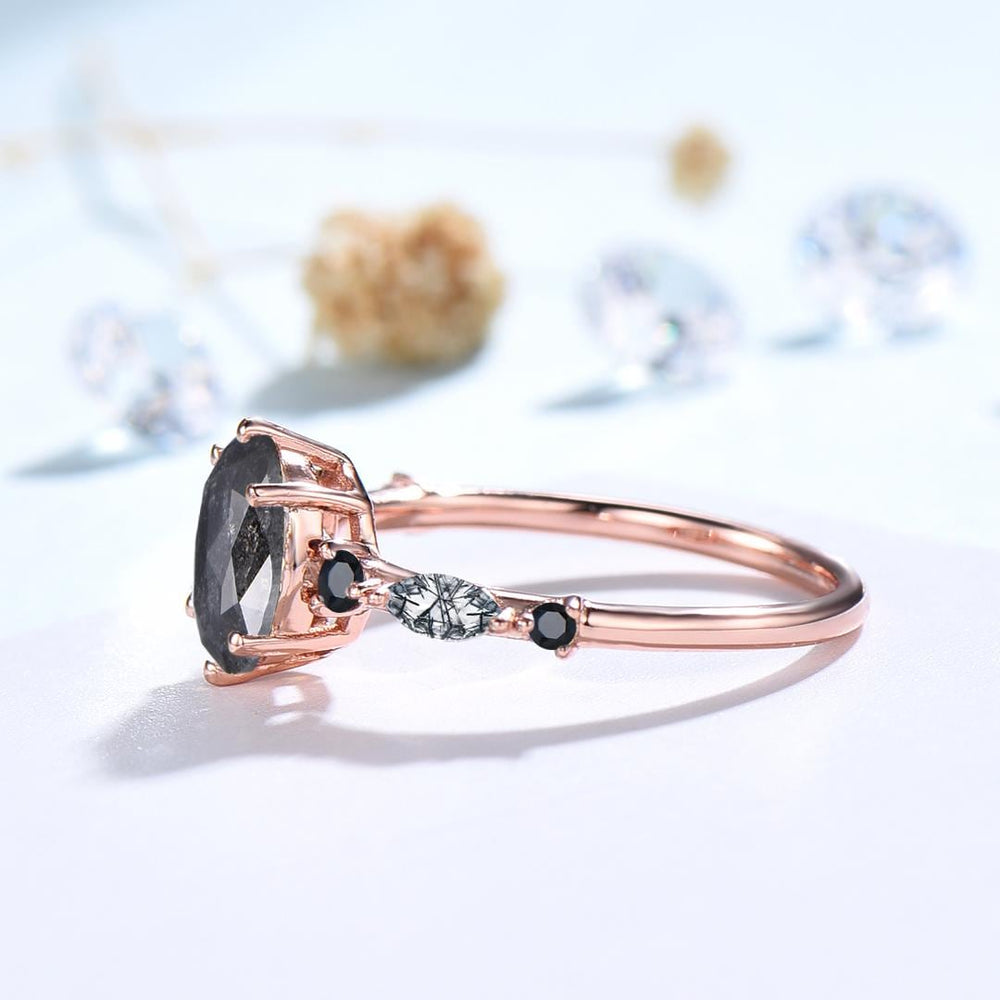 Unique oval cut salt and pepper diamond engagement ring black rutilated quartz spinel handmade promise ring anniversary gift for fiancée - PENFINE