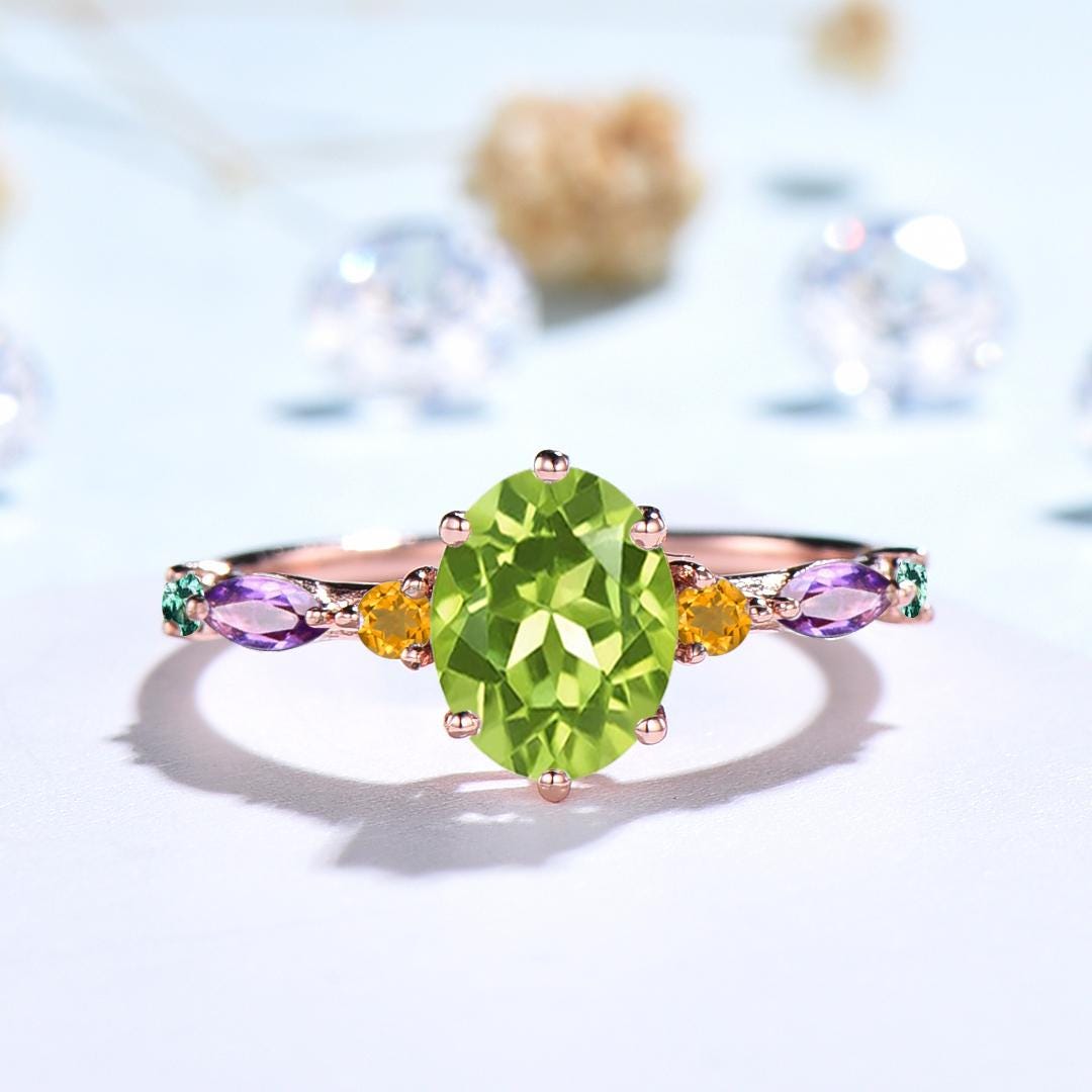 Vintage Oval Cut Peridot Engagement Ring Multi-Stone Cluster Citrine Amethyst Emerald Wedding Ring August Birthstone Anniversary Gift Women - PENFINE