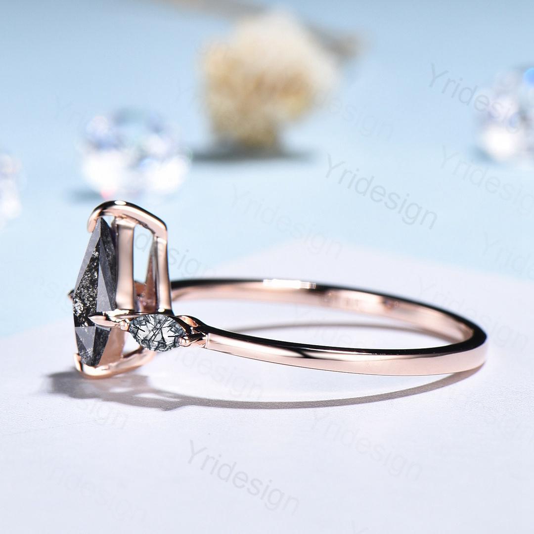 Simple Kite Cut Salt And Pepper Diamond Ring Minimalist Pepper Black Diamond Engagement Ring Vintage Rose Gold Rutilated Quartz Promise Ring - PENFINE