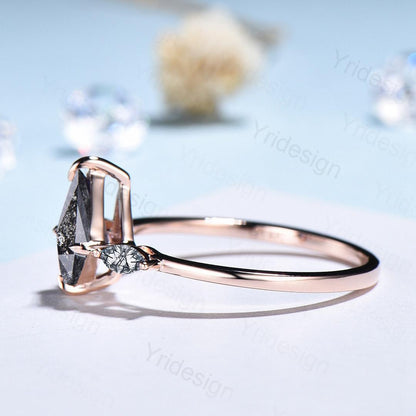 Simple Kite Cut Salt And Pepper Diamond Ring Minimalist Pepper Black Diamond Engagement Ring Vintage Rose Gold Rutilated Quartz Promise Ring - PENFINE