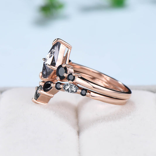 Five Stone kite cut salt and pepper diamond engagement ring set Unique black spinel bridal wedding set handmade anniversary promise gifts - PENFINE