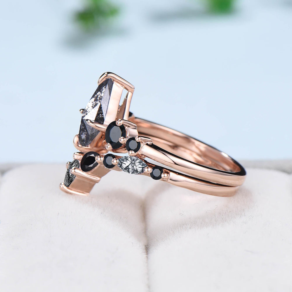 Five Stone kite cut salt and pepper diamond engagement ring set Unique black spinel bridal wedding set handmade anniversary promise gifts - PENFINE