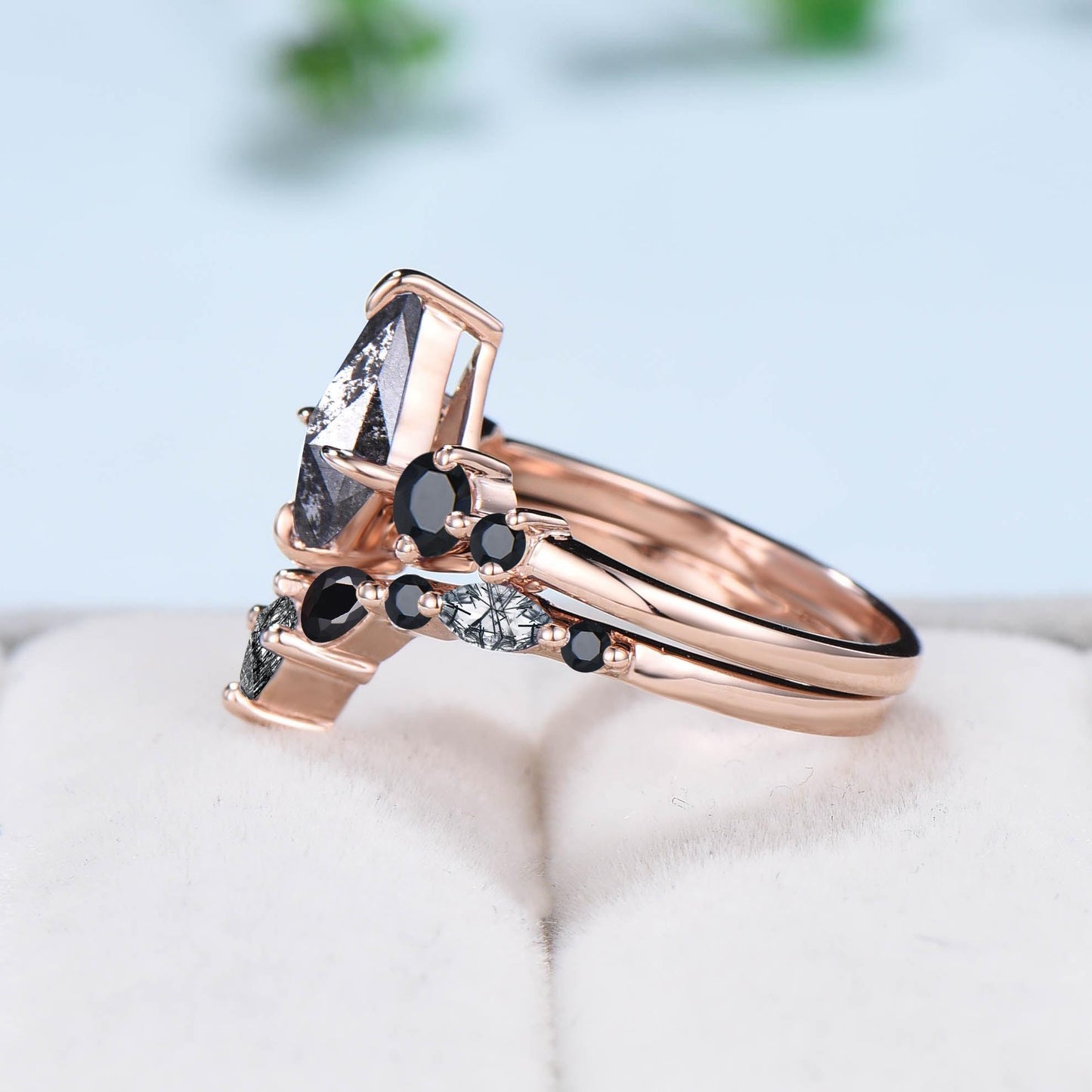 Five Stone kite cut salt and pepper diamond engagement ring set Unique black spinel bridal wedding set handmade anniversary promise gifts - PENFINE