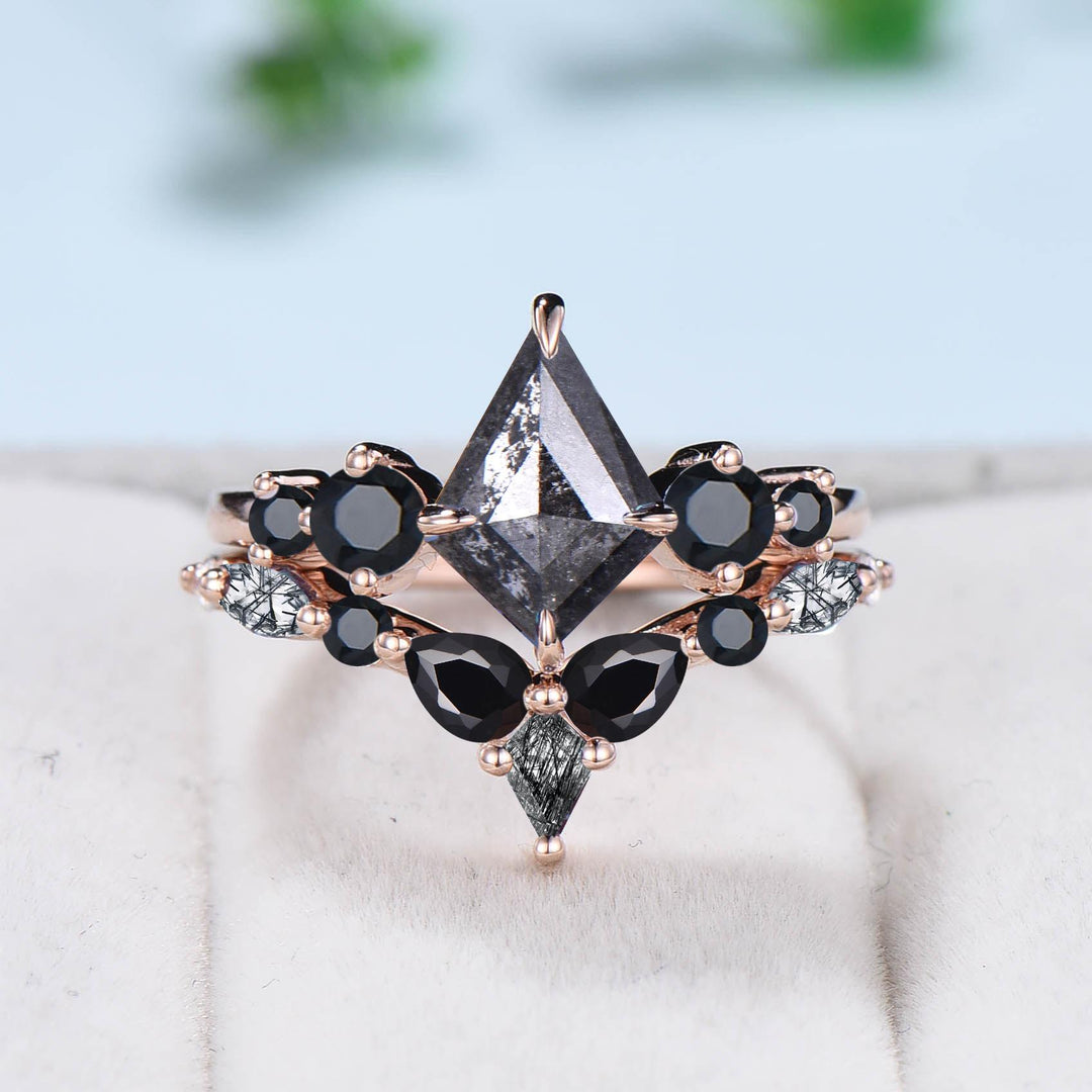 Five Stone kite cut salt and pepper diamond engagement ring set Unique black spinel bridal wedding set handmade anniversary promise gifts - PENFINE