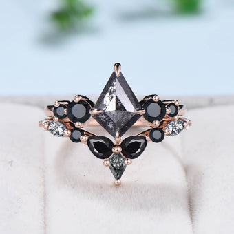 Five Stone kite cut salt and pepper diamond engagement ring set Unique black spinel bridal wedding set handmade anniversary promise gifts - PENFINE