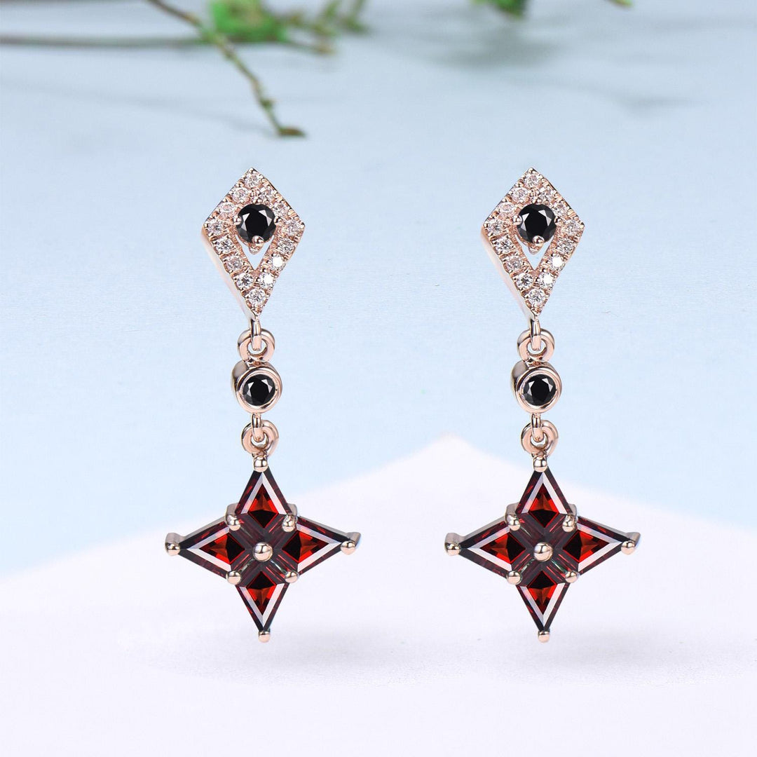 Vintage kite cut garnet earrings Unique pinwheel black spinel earrings halo diamond drop stud earrings dainty anniversary gift for daughter - PENFINE