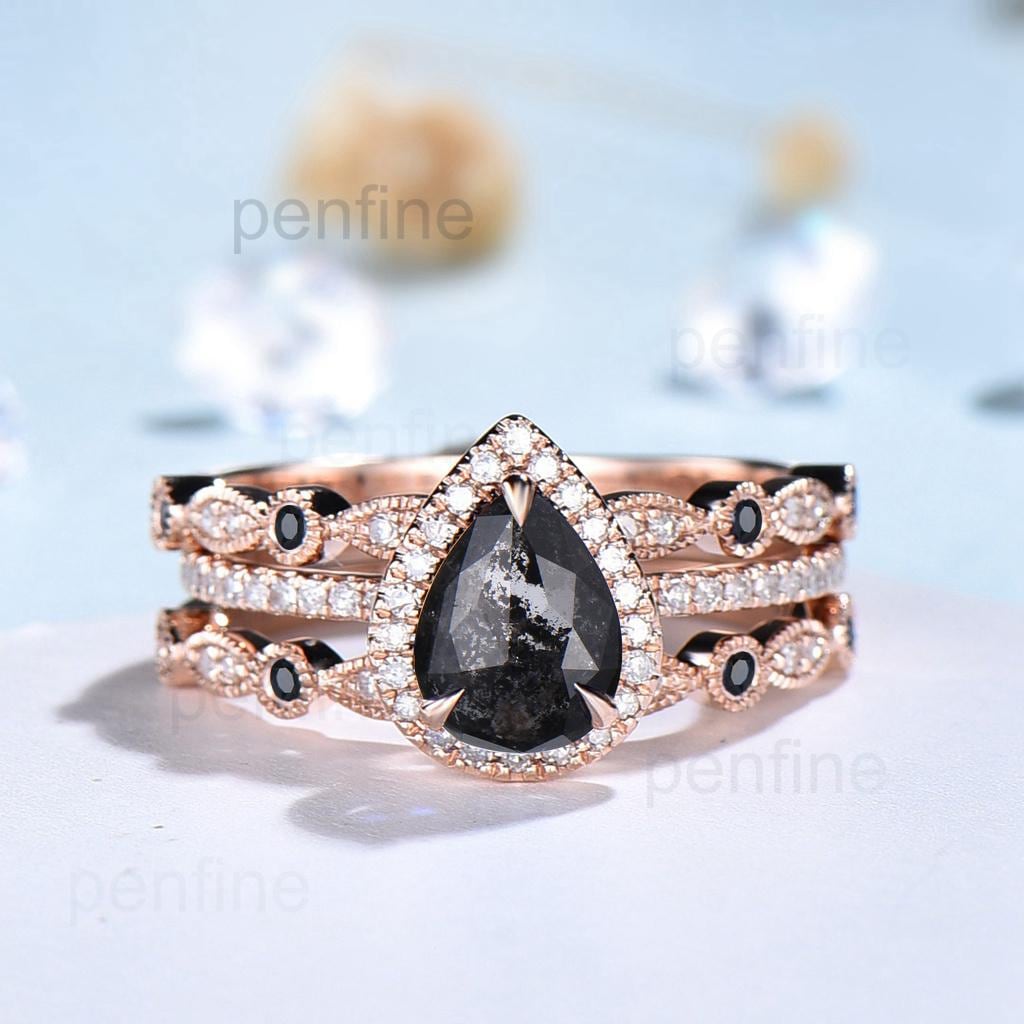 vintage salt and pepper diamond engagement ring set rose gold halo diamond marquise milgrain wedding ring handmade anniversary ring women - PENFINE