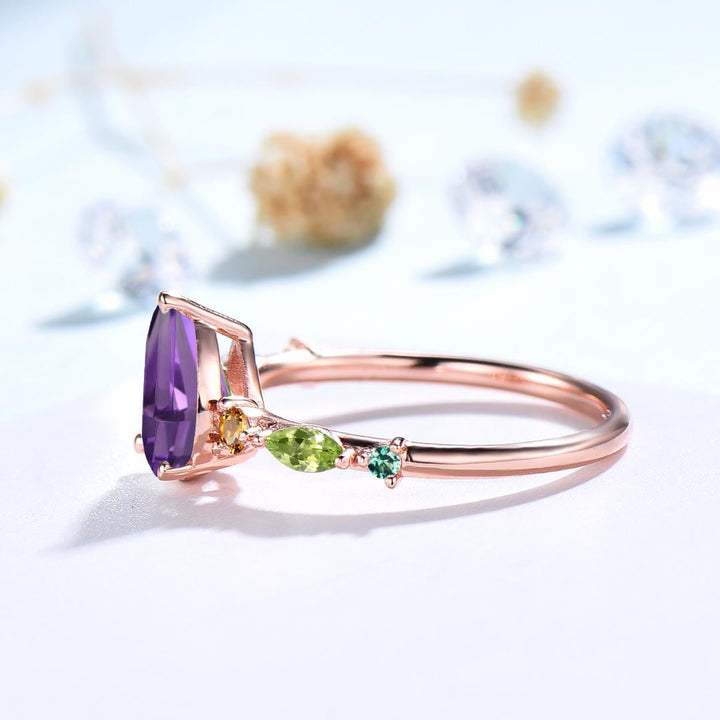 Vintage Pear Shaped Natural Amethyst Engagement Ring Multi-Stone Cluster Citrine Peridot Wedding Ring Feb Birthday Anniversary Promise Gift - PENFINE