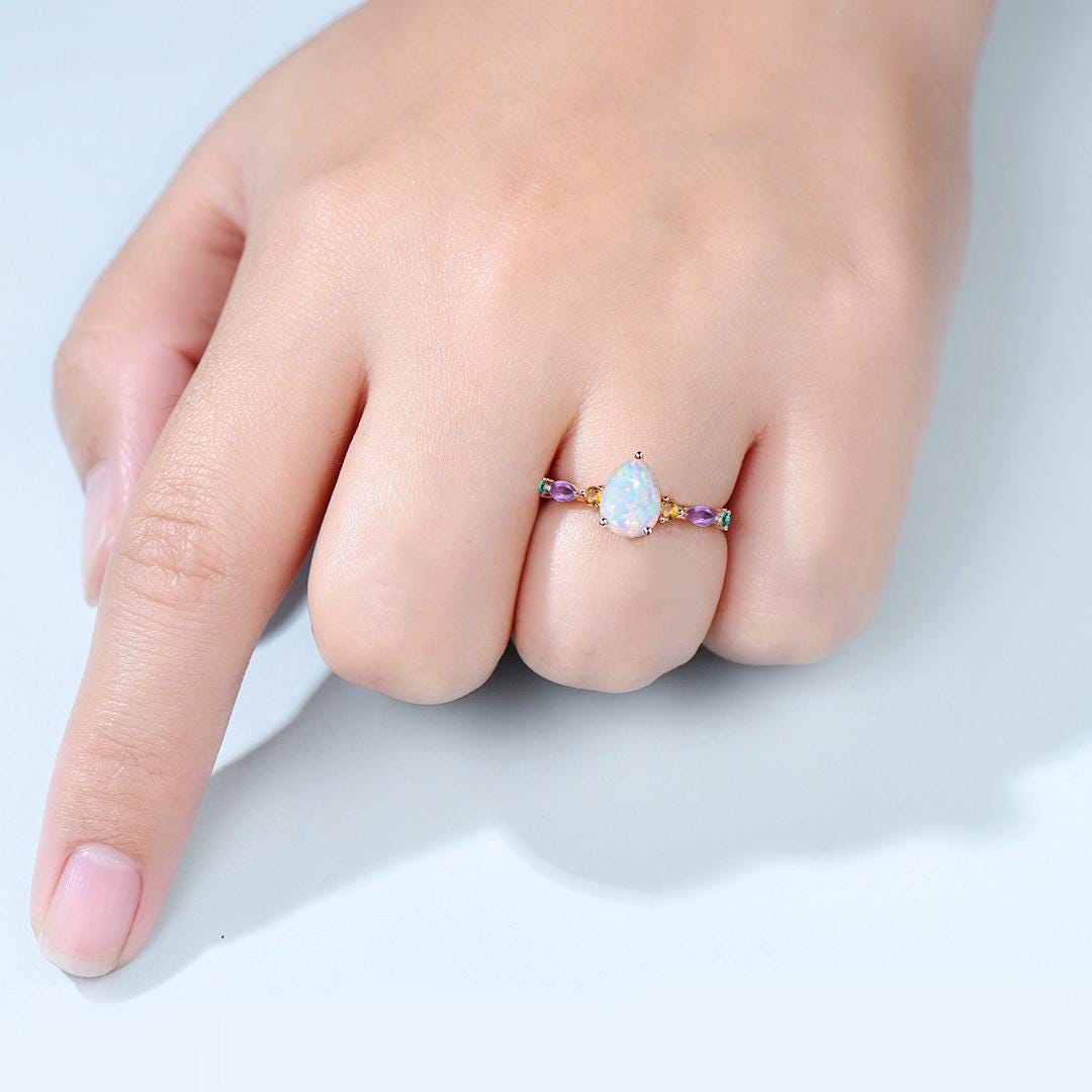 Vintage Pear Shaped Fire Opal Engagement Ring Multi-Stone Cluster Amethyst Emerald Wedding Ring Citrine Birthday Anniversary Promise Gift - PENFINE