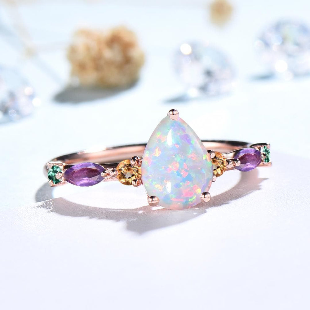 Vintage Pear Shaped Fire Opal Engagement Ring Multi-Stone Cluster Amethyst Emerald Wedding Ring Citrine Birthday Anniversary Promise Gift - PENFINE