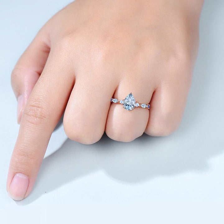 Unique Pear  Shaped Natural Aquamarine Engagement Ring Vintage March Birthstone Moonstone Wedding Ring Anniversary Promise Ring Jewelry Gift - PENFINE