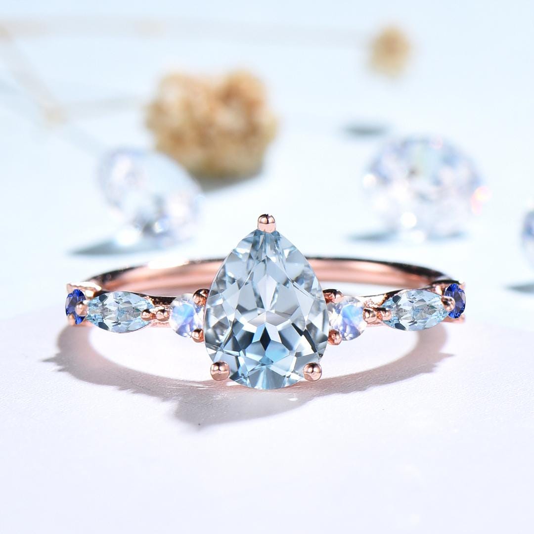 Unique Pear  Shaped Natural Aquamarine Engagement Ring Vintage March Birthstone Moonstone Wedding Ring Anniversary Promise Ring Jewelry Gift - PENFINE