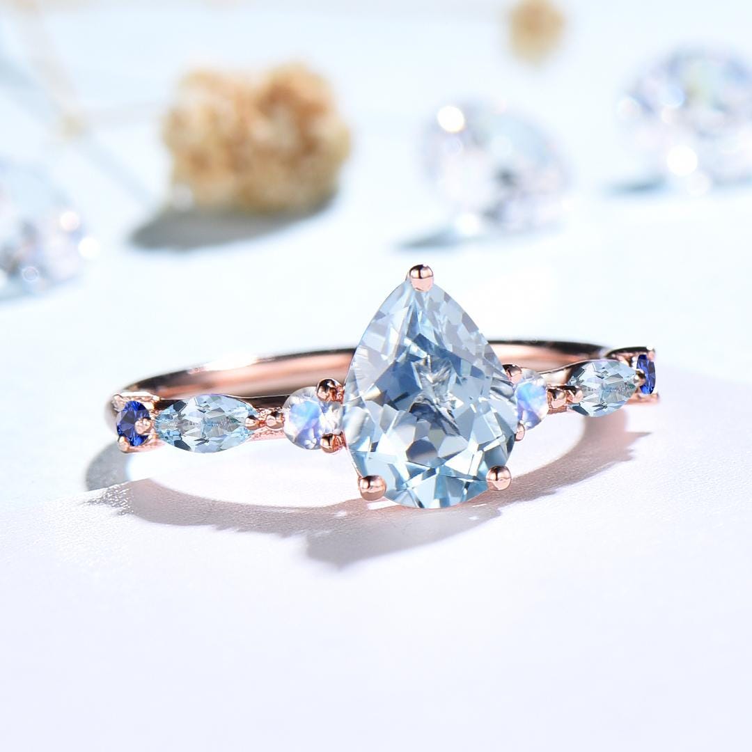 Unique Pear  Shaped Natural Aquamarine Engagement Ring Vintage March Birthstone Moonstone Wedding Ring Anniversary Promise Ring Jewelry Gift - PENFINE