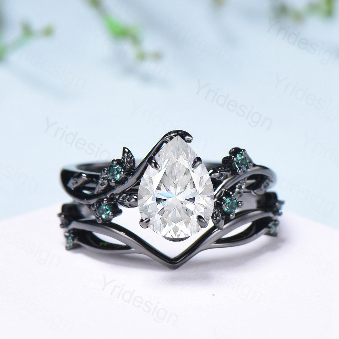 Nature Inspired Pear Shaped Moissanite Engagement Ring Set Unique Black Gold Moissanite Wedding Set Cluster Emerald Anniversary Promise Gift - PENFINE