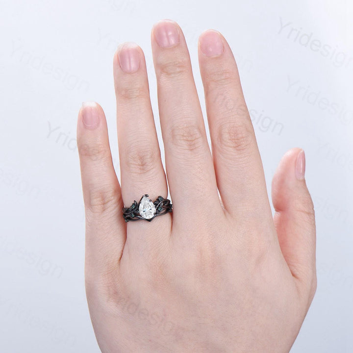 Nature Inspired Pear Shaped Moissanite Engagement Ring Set Unique Black Gold Moissanite Wedding Set Cluster Emerald Anniversary Promise Gift - PENFINE