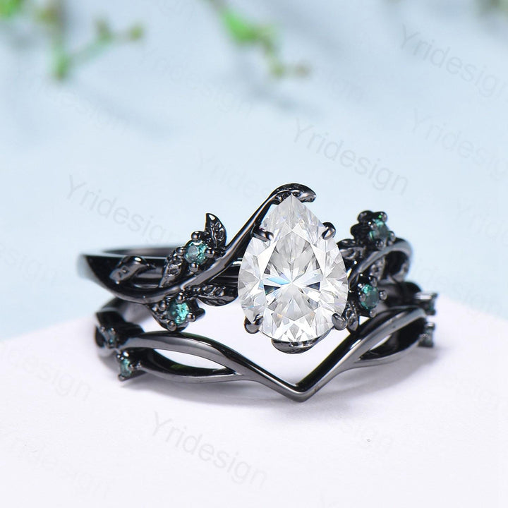 Nature Inspired Pear Shaped Moissanite Engagement Ring Set Unique Black Gold Moissanite Wedding Set Cluster Emerald Anniversary Promise Gift - PENFINE
