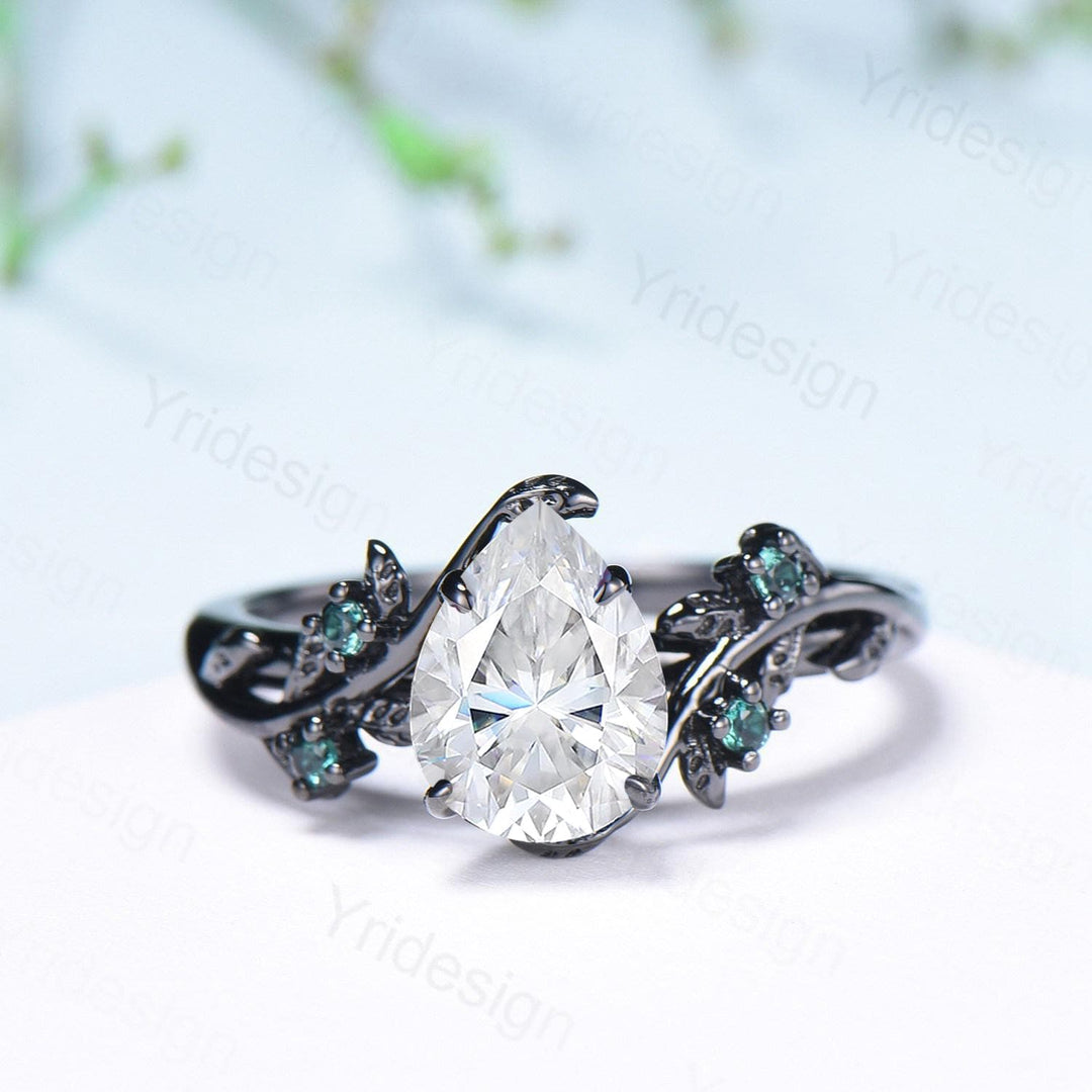 Nature Inspired Pear Shaped Moissanite Engagement Ring Set Unique Black Gold Moissanite Wedding Set Cluster Emerald Anniversary Promise Gift - PENFINE